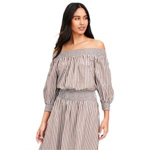 NWT LOFT Beach Striped Poplin Smocked Off The Shoulder Top in Baked Pecan Medium